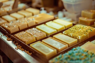 Aufkleber - Display case filled with different types of soap. Great for hygiene and cleanliness concepts