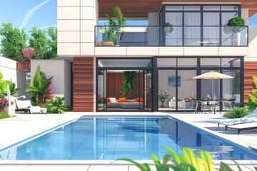 Aufkleber - A rendering of a house with a luxurious swimming pool. Perfect for real estate or travel concepts
