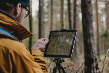 Poster - A man studying a map on a tripod. Ideal for travel and navigation concepts