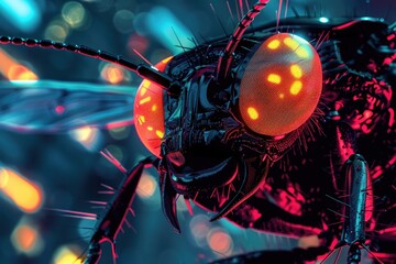 Poster - Close-up of a fly with bright lights in the background. Suitable for nature or wildlife concepts
