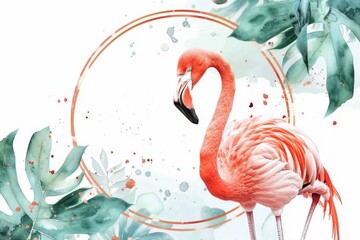 Poster - A flamingo standing in front of a circle with leaves. Suitable for nature and wildlife themes