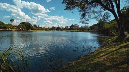 Aufkleber - A peaceful lake surrounded by lush green trees. Ideal for nature backgrounds