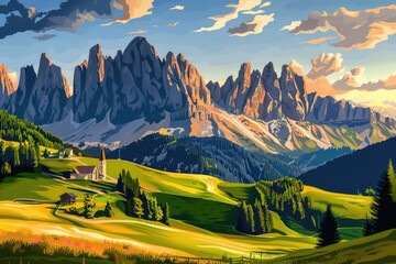 Poster - A beautiful painting of a mountain scene with a church in the foreground. Ideal for religious or nature themed projects
