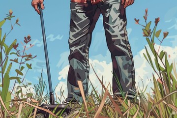 Poster - A man standing on top of a grass covered field. Suitable for various outdoor themes