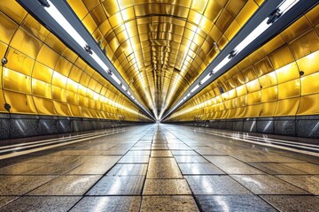 Poster - A deserted subway station with a bright yellow wall. Suitable for urban and transportation themes