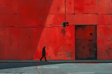 Poster - Person walking down a street in front of a vibrant red building. Suitable for urban scenes and architecture concepts