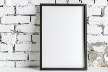 Poster - Simple and versatile image of a blank picture frame on a table against a brick wall. Ideal for showcasing artwork or photographs in a home or office setting