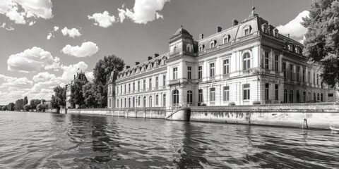 Poster - A black and white photo of a large building. Suitable for architectural and urban design concepts