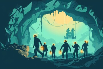 Wall Mural - Group of people inside a cave, suitable for adventure themes