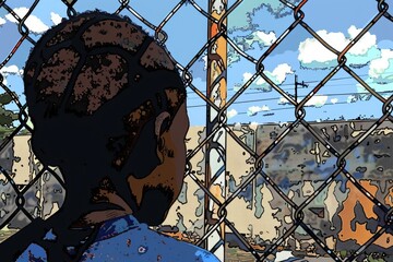 Poster - A person standing in front of a chain link fence. Suitable for urban and security concepts