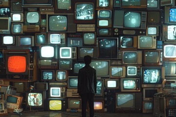 Wall Mural - A man standing in front of a wall of televisions. Ideal for technology or surveillance concepts