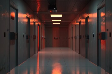 Poster - A mysterious hallway with two doors and a red glow, perfect for horror or suspense themes