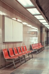 Poster - A row of red chairs lined up against a wall. Suitable for interior design concepts