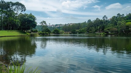 Aufkleber - A tranquil lake nestled among lush green trees. Perfect for nature backgrounds