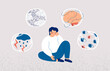 Dementia and Alzheimer's Disease concept. Young man surrounded by symptoms of brain disorder. Mental health of middle age people and prevention neurodegeneration illness. Vector illustration