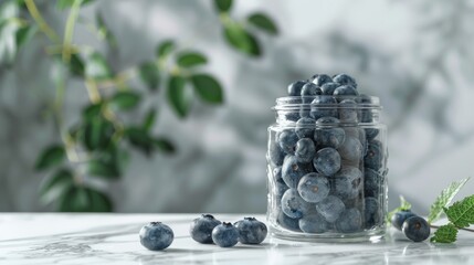Wall Mural - Ripe Blueberries in a Clear Jar with Greenery Backdrop