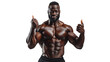 © BlazingDesigns - Happy muscular black man showing like thumbs up standing isolated on transparent png background. Strong male naked torso abs. Male flexing his muscles. Sport workout bodybuilding concept.