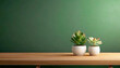 Potted succulent plants on wooden table with green wall background.