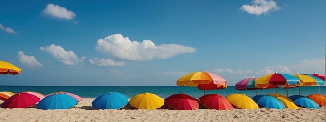 Colorful beach umbrellas against a blue summer sky