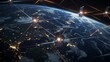 A network of satellites beaming encrypted signals to a shielded server on earth, illustrating the global scale of cyber security efforts to protect data transmissions. 