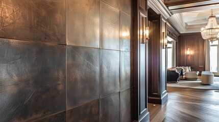 High-resolution photo of a wall adorned with panels featuring a decorative bronze finish, showcasing the elegant textures and sophisticated appeal