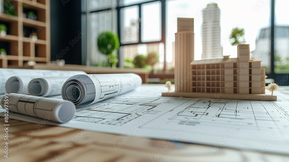 Rolled Up Plans and Blueprints Next to a Model Building This could be a ...