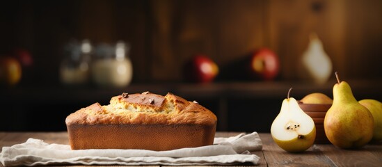Leinwandbilder - A delicious pear bread is laid out on a wooden table with ample room for text in the composition s copy space image