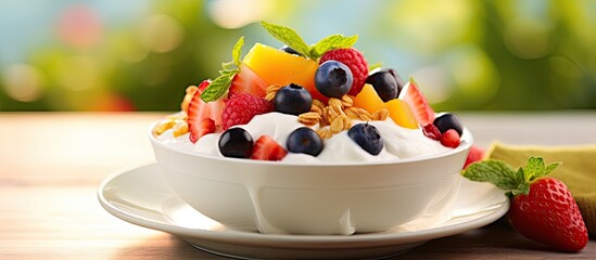 Poster - A colorful and nutritious fruit berry salad accompanied by creamy yogurt and crunchy granola served on a dessert plate The assortment includes grapes strawberries mangoes and oranges Perfect for a he