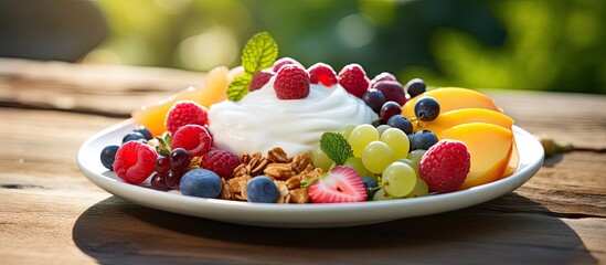 Poster - A colorful and nutritious fruit berry salad accompanied by creamy yogurt and crunchy granola served on a dessert plate The assortment includes grapes strawberries mangoes and oranges Perfect for a he
