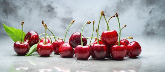 Aufkleber - A composition of sweet cherries on a marble table with a space available for text in the image. with copy space image. Place for adding text or design