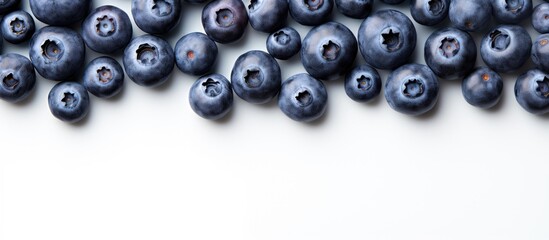 Wall Mural - A close up image of ripe and juicy fresh picked blueberries on a white background The top down view or flat lay design offers ample copy space