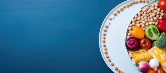 Aufkleber - A blue background with a white plate holding rainbow colored vegetables and chickpeas leaving room for text copy space image