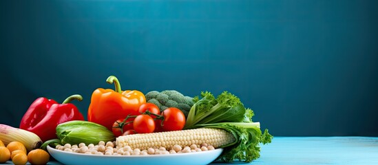 Aufkleber - A blue background with a white plate holding rainbow colored vegetables and chickpeas leaving room for text copy space image