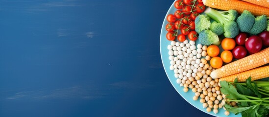 Aufkleber - A blue background with a white plate holding rainbow colored vegetables and chickpeas leaving room for text copy space image