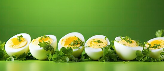 Poster - A copy space image showcasing delicious boiled eggs garnished on a vibrant green backdrop