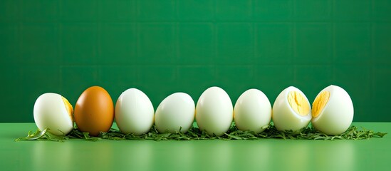 Poster - A copy space image showcasing delicious boiled eggs garnished on a vibrant green backdrop