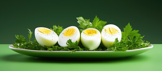 Poster - A copy space image showcasing delicious boiled eggs garnished on a vibrant green backdrop