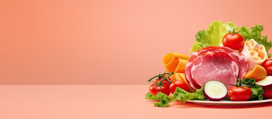 Wall Mural - A copy space image featuring a plate adorned with delicious ham cheese lettuce and tomatoes set against a pink backdrop