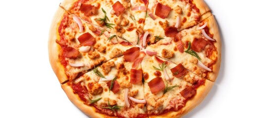 Poster - A copy space image of a fast food pizza isolated on a white background and presented in a flat lay arrangement