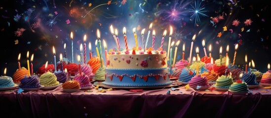 Aufkleber - A festive cake with candles adding color and vibrancy to a joyous birthday celebration The image captures the essence of a lively party among loved ones. with copy space image