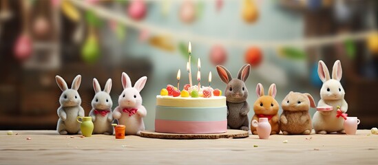 Poster - A children s birthday party features a handmade paper crafts birthday cake adorned with cute paper rabbits and birds There is copy space for images
