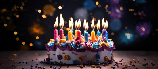 Aufkleber - A festive cake with candles adding color and vibrancy to a joyous birthday celebration The image captures the essence of a lively party among loved ones. with copy space image