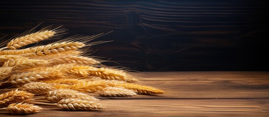 Fototapete - A copy space image of wheat ears arranged on a wooden table with a sheaf of wheat in the background
