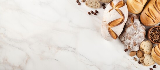 Poster - A copy space image showcasing various baked bakeries including a top view of Baguette Bakery on a white marble floor