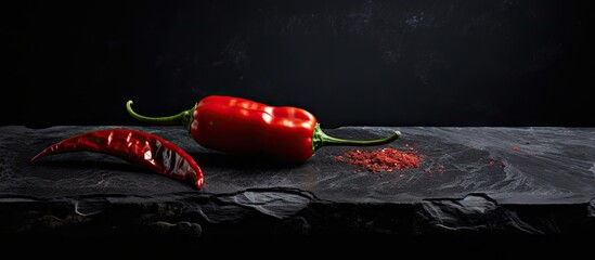 Aufkleber - A close up view of a dried red hot chili pepper adorning a black stone board creating a visually striking copy space image