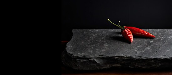 Aufkleber - A close up view of a dried red hot chili pepper adorning a black stone board creating a visually striking copy space image