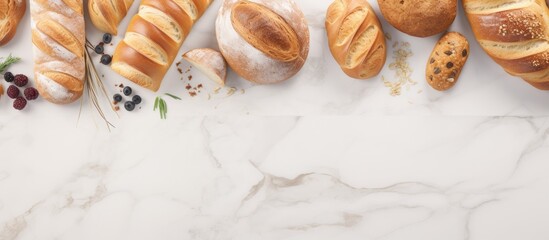 Poster - A copy space image showcasing various baked bakeries including a top view of Baguette Bakery on a white marble floor