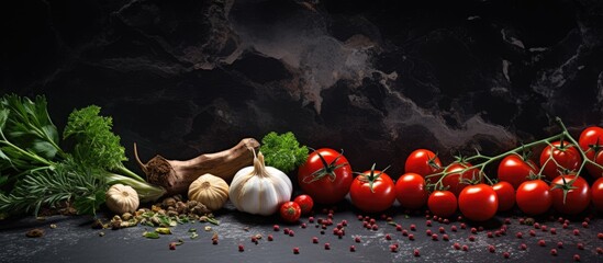 Poster - A copy space image featuring cherry tomatoes on a branch accompanied by fresh herbs a garlic clove and various spices on a dark stone table
