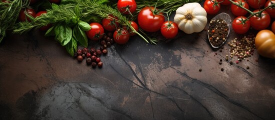 Poster - A copy space image featuring cherry tomatoes on a branch accompanied by fresh herbs a garlic clove and various spices on a dark stone table