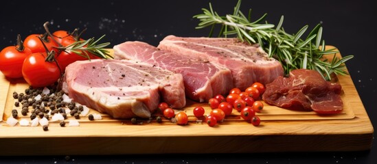 Aufkleber - A black chopping board features fresh pork steaks seasoned with cherry tomatoes rosemary and peppercorns Copy space is available